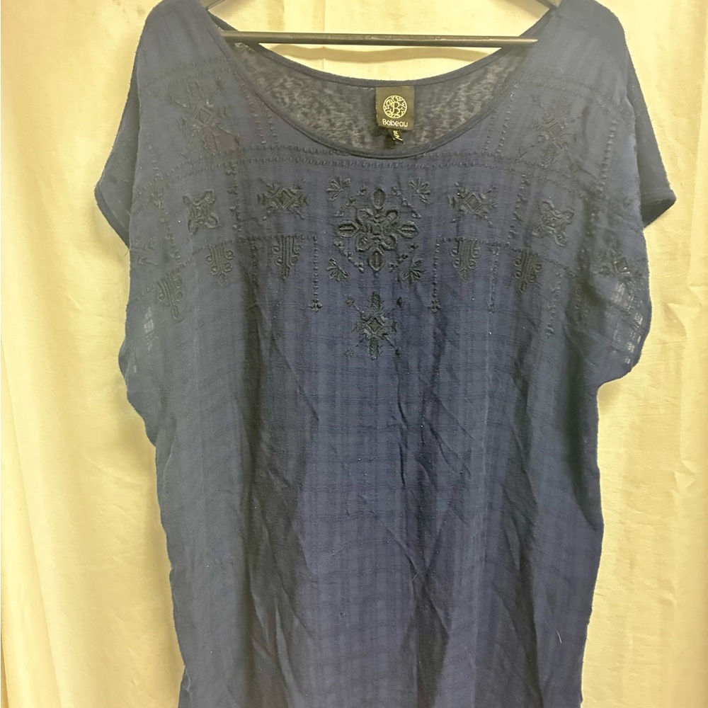 Bobeau Navy Embroidered Blouse